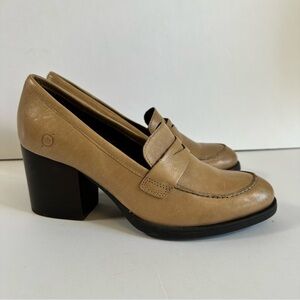 Born Leather Loafer Heels‎ Size 9.5M Tan Chunky Block Heel Comfort Work Shoes